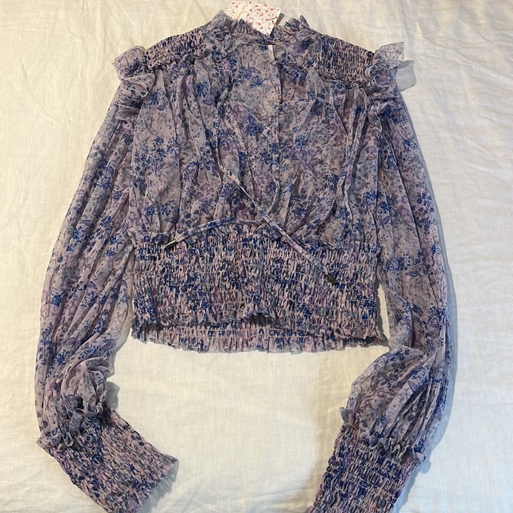 Free People Floral Sheer Blouse in Blue and Purple - Picture 5 of 10